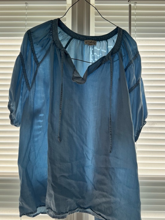 Wonderly Tops - Wonderly Blue Tie-Front Peasant Blouse